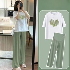임산부 여름 캐주얼 투피스 세트 시원한 와이드 팬츠 순면 반팔 티셔츠