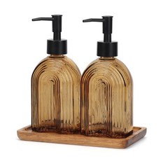 나무 트레이가 있는 유리 비누 디스펜서 세트 325ml(11온스) 리필 가능한 액체 모던 비누 디스펜서 플라스틱 펌프 포함 손 및 접시 세트 욕실 조리대 장식용 (호박색), 나무 트레이가 있는 유리 비누 디스펜서 세트, 325m