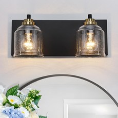 대형 욕실용 YKLITG 배니티 라이트 15.8인치 버블 유리 음영이 있는 농가 소박한 블랙 및 골드 2개의 조명 욕실 조명기구 벽 스콘스 홈 데코, Black&Gold, 2-Light