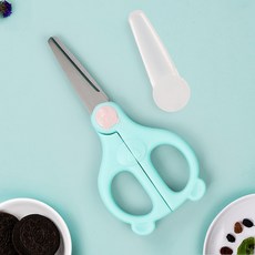 陶瓷小熊輔食收納盒寶寶嬰兒剪食物剪不鏽鋼剪剪菜剪肉寶寶輔食剪, 1個, 小熊不鏽鋼款北歐藍J-02(不帶盒):1個