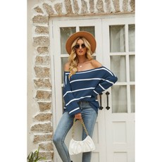 가을겨울 구미 오프숄더 스웨터 크로스오버 스트라이프 일자 칼라 긴팔 커버 니트녀