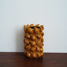 【復古浮雕】陶瓷花瓶 中古花瓶 插花容器 收納筒 擺飾花瓶 焦糖色釉面 桌面居家佈置 復古質感收藏, 棕色 復古