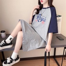 THE HONG 여성 100% 순면 나그랑 배색 루즈핏 반팔 롱원피스