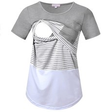Bhome 수유 티셔츠 컬러 블록 임산부 반소매 상의 모유 수유용 임산부 셔츠 포켓 포함 그레이/민트/스트라이프