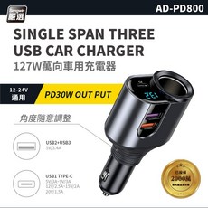 127W 360度萬向彎折車用充電器 車用快充含80W點菸孔、30W PD快充和17W USB 商檢R34617認證, 127W萬向車用充電器