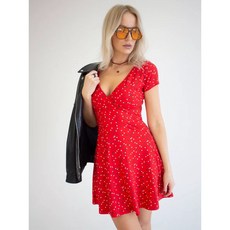 Yellwell 여성 여름 V넥 반팔 조각 니트 원피스 DJP