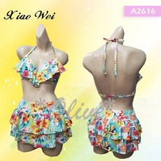 小薇的店 名人百貨專櫃【亮彩花朵圖騰】時尚三件式比基尼鋼圈泳裝 (M-L) - 海灘吸睛焦點，舒適透氣, L