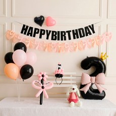 [파티랑]생일 리본가랜드 숫자풍선세트(DIY케익 머리띠 플라워 포함), 1세트, 02-2)생일 리본가랜드 숫자풍선세트 베이비 핑크 2