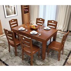 新中式實木餐桌椅組閤 民宿長方形飯桌 小戶型經濟型餐桌椅 會客桌椅, 茶色,1.45米一桌四椅