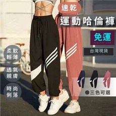 運動褲 女 哈倫褲 條紋 高腰 寬鬆 速乾