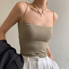 패드 내장 쿨썸머 투브탑 여성 탱크탑 여성끈나시, 카키, FREE