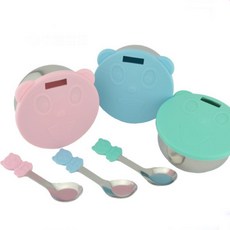 嘟嘟熊 不鏽鋼雙層隔熱兒童碗附湯匙，幼稚園三色碗學生碗，兒童幼兒隔熱不鏽鋼營養午餐便當碗, 粉紅, 1個, 碗身、碗蓋、湯匙