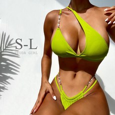 杜達女孩 歐美螢光綠比基尼 單肩金屬鍊條帶鑽兩件式泳裝 亮色性感比基尼, L