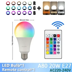 1-10PCS 슈퍼 밝은 20W RGB LED 전구 램프 24 키 원격 제어 mable AC220V 침실 거실 홈 변경, 01 1pcs, 01 AC220-240V, 03 RGB 4000K