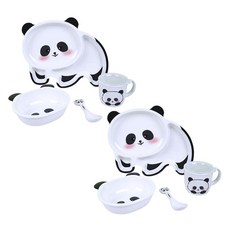 우허 판다 어린이 식기 4종 세트 WH001, 접시 + 그릇 + 컵 + 수저, 2개, 블랙 + 화이트