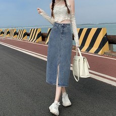 Makone 여성 하이웨이스트 청치마 워싱 H라인 패션 데님 롱 스커트 앞트임