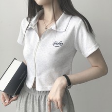 여성 카라 크롭 자수 반팔 투웨이 집업