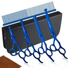 Safety 라운드 팁 가위 세트 전문 PET 개 그루밍 코팅 티타늄 가위 수트 절단 및 곡선 및 얇은 가위 (퍼플), 블루