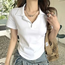 여성용 단색 폴로 칼라 반팔 티셔츠 심플하고 활용도 높은 상의