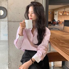 여성 배색 카라 스트라이프 셔츠 긴팔 단정한 오피스 데일리 블라우스