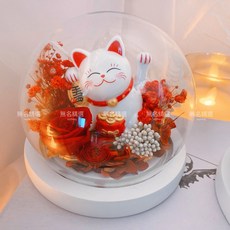 太陽能招財貓永生花玻璃罩花盅，免費客製賀卡，招財小物財位佈置母親節生日禮物, 紅色系