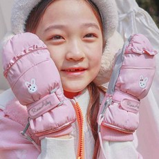 WINGHOUSE 粉色荷葉邊兔子兒童拇指滑雪手套女童加厚手套嬰兒防水手套