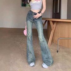 해피유통 여성용 하이웨스트 빈티지 플레어 청바지 슬림핏 레트로 스타일 데님 팬츠