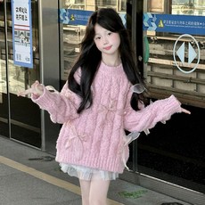 여아 리본 니트 스웨터 초등학생 어린이 겨울 루즈핏 핑크 화이트