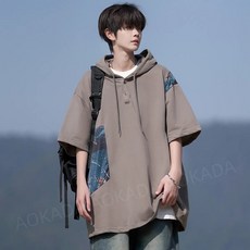 AOKADA 남성 여름 오버핏 후드 반팔 티셔츠 순면 프린팅 후드티