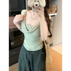 해피유통디자인 포인트 레이어드 나시 티셔츠 여성 슬림핏 드레이프넥 여름 상의