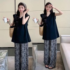 패션 임부복 상하의 세트 봄 여름 임산부 심플 슬림핏 민소매 상의 + 캐주얼 일자 플라워 와이드 바지 투피스 WMY