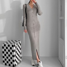 KnitNJean 女性羅紋針織連身裙 V領長版開襟衫