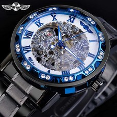 남자 스켈레톤 오토매틱 기계식 수동 시계 2060 손목, 1, D. 블랙 화이트 다이얼 블루 문자 블랙