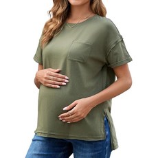Ecavus 여성용 임산부 티셔츠 오버사이즈 반소매 루즈핏 면 혼방 임산부 상의 캐주얼 웨어 차콜 S