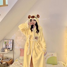 『桃園出貨 』可愛卡通連帽秋冬季款珊瑚絨浴袍加厚睡衣卡通長款速幹家居服洗澡