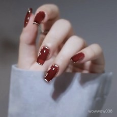 手工製作穿戴甲 冰透酒紅描邊中長款假指甲貼片, 1個, 酒紅描邊,特小號XS