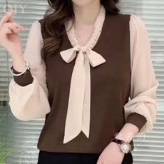 L-6XL 大尺碼雪紡長袖上衣，蝴蝶結復古設計，春季顯瘦時尚氣質襯衣