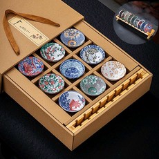 復古青花瓷茶杯套裝 斗笠杯9個 陶瓷茶具品茗杯 日式茶盞茶碗禮品 日式茶道陶瓷杯, 1個, （禮盒裝）青花斗笠杯9個混搭+X型杯架）,80ml