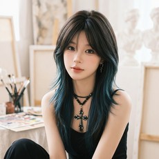 45cm여성 전체 가발 롱 생머리(가발 수납포켓 포함), 1개, 블랙 그라데이션 스모그 블루