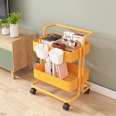 바닥에 놓는 다층 소형 카트형 수납 선반 주방용 이동식 가정용 간식 수납 선반, 2층 PP 재질 노란색