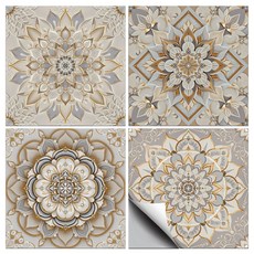 PVC 타일 시트지 세트 다양한 패턴 방수 주방 욕실 리폼 장식 10x10cm 4가지 다른 디자인 1세트 총 36개, 만다라