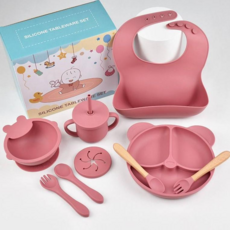 이유식기 실리콘 올인원 유아동식기 세트, 1세트, 9종, 핑크레드