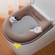 葫蘆型親膚透氣貓咪圖案馬桶坐墊, 葫蘆型開心貓 拉鍊 - 卡其色, 1套