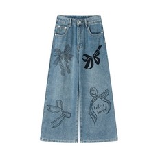 손그림 그래피티 와이드 레그 청바지 여성용 하이웨이스트 워싱 스트레이트 팬츠