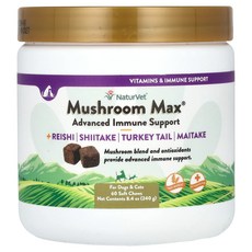 NaturVet 머쉬룸 맥스 면역력 강화 구름버섯 함유 강아지 및 고양이용 소프트츄 60개 240g(8.4oz), NaturVet 머쉬룸 맥스 면역력..., 1개