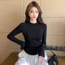 素色長袖上衣女 - 方領圓領高領緊身U型領內搭衣