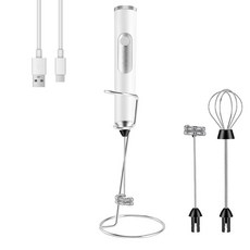 BEoffer 우유 거품기 휴대용 충전식 2000mAH 파워 거품기 완드 전기 폼 메이커 스테인리스 거품기 2개 포함 3가지 속도 음료 믹서 커피 거품기 라떼 카푸치노, 01 화이트+스탠드