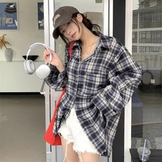 투니스 여성 루즈핏 빈티지 체크 배색 긴소매 셔츠