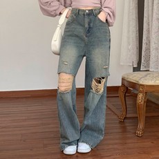 쏘옷 여성용 하울 데미지 워싱 와이드 청바지 하체커버 찢청 데님