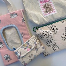 韓國ins風 氣球小熊絎縫棉濕巾袋 汽車外出推車 便攜掛式布藝紙巾盒, 粉色小兔溼巾袋, 1個